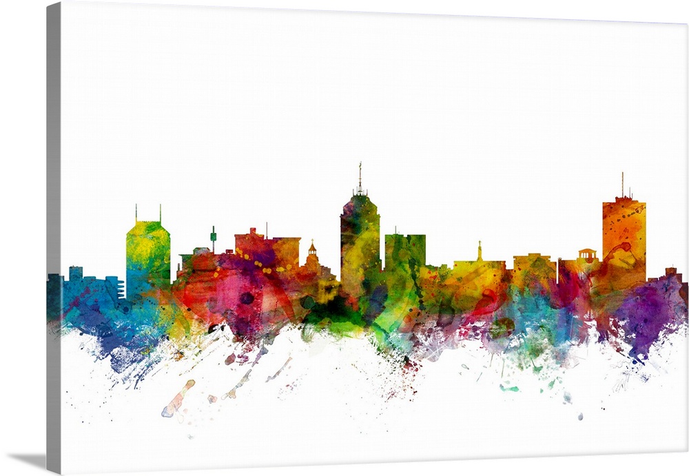 Watercolor artwork of the Fresno skyline against a white background.