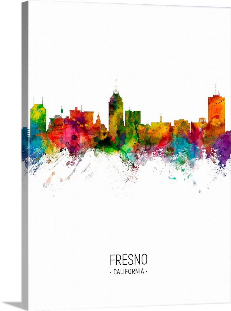 Watercolor art print of the skyline of Fresno, California, United States