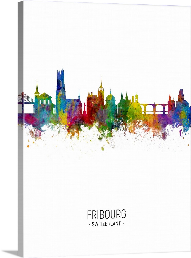 Watercolor art print of the skyline of Fribourg, Switzerland