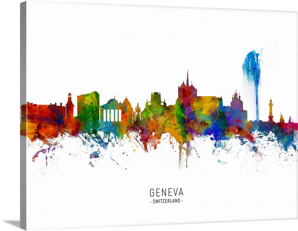 Watercolor art print of the skyline of Geneva, Switzerland.