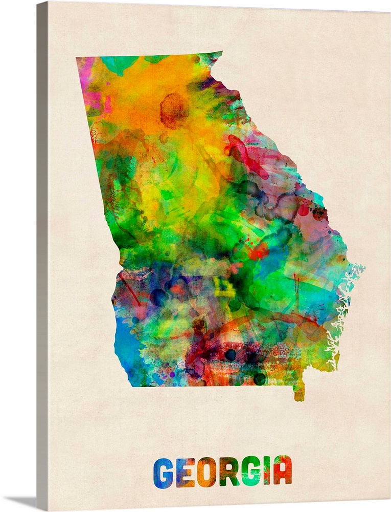 Contemporary piece of artwork of a map of Georgia made up of watercolor splashes.