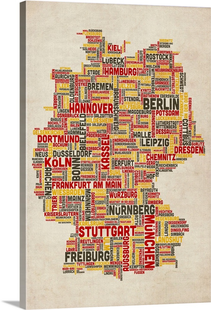 German Cities Text Map, German Colors on Parchment Wall Art, Canvas