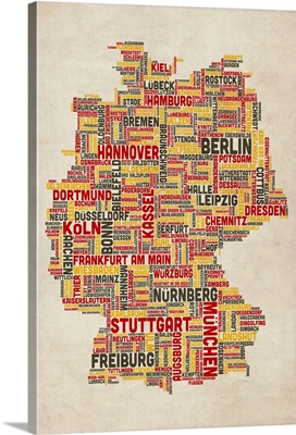 German Cities Text Map, German Colors on Parchment