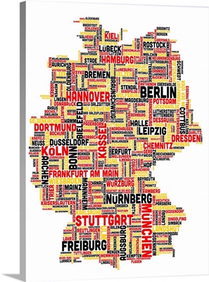 German Cities Text Map, German Colors on White