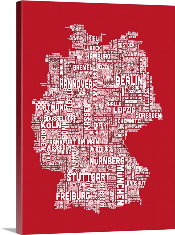 German Cities Text Map, Red