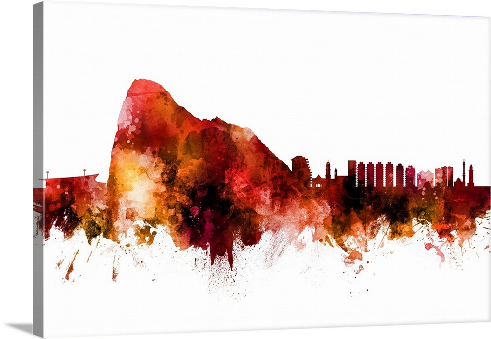 Watercolor art print of the skyline of Gibraltar.