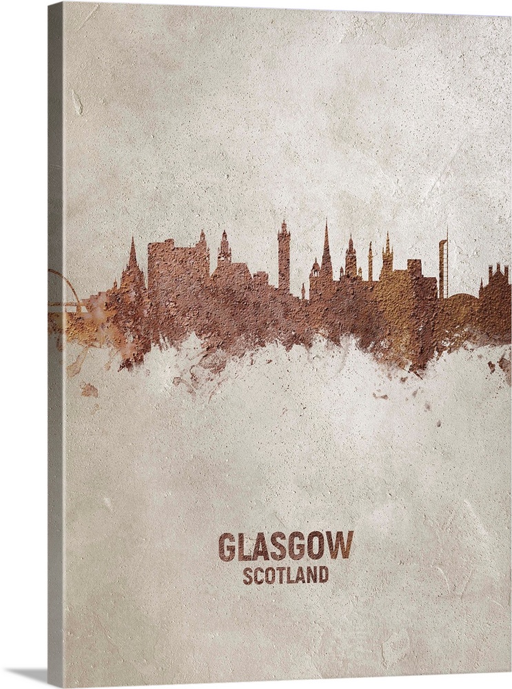 Art print of the skyline of Glasgow, Scotland, United Kingdom. Rust and concrete.