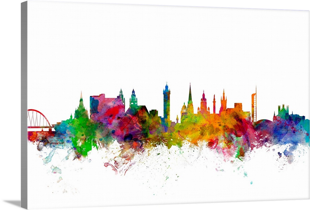 Contemporary piece of artwork of the Glasgow, Scotland skyline made of colorful paint splashes.