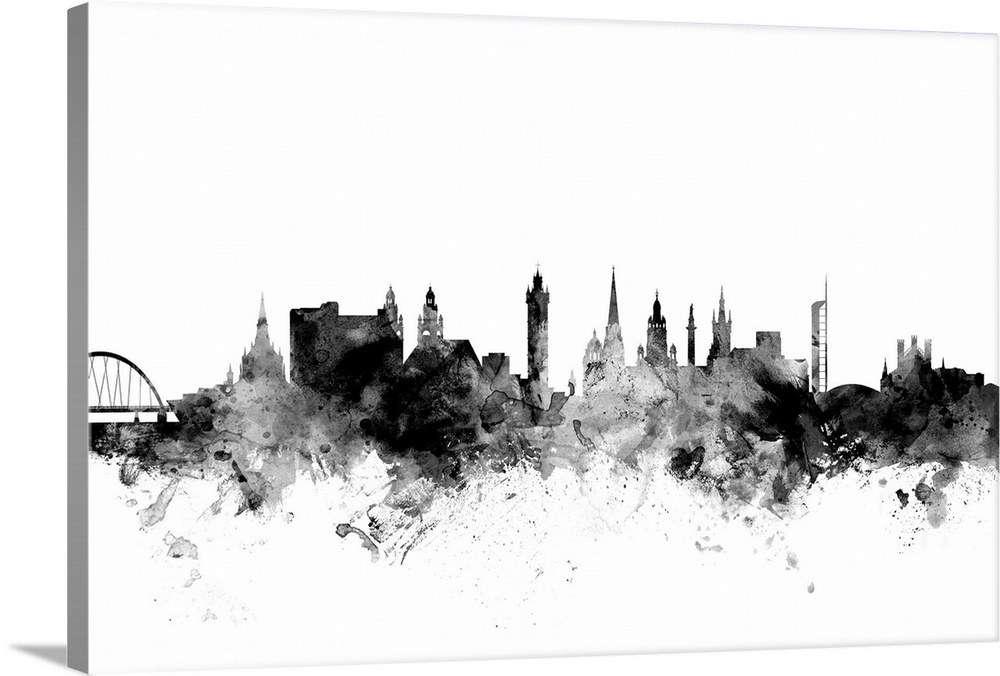 Contemporary artwork of the Glasgow city skyline in black watercolor paint splashes.