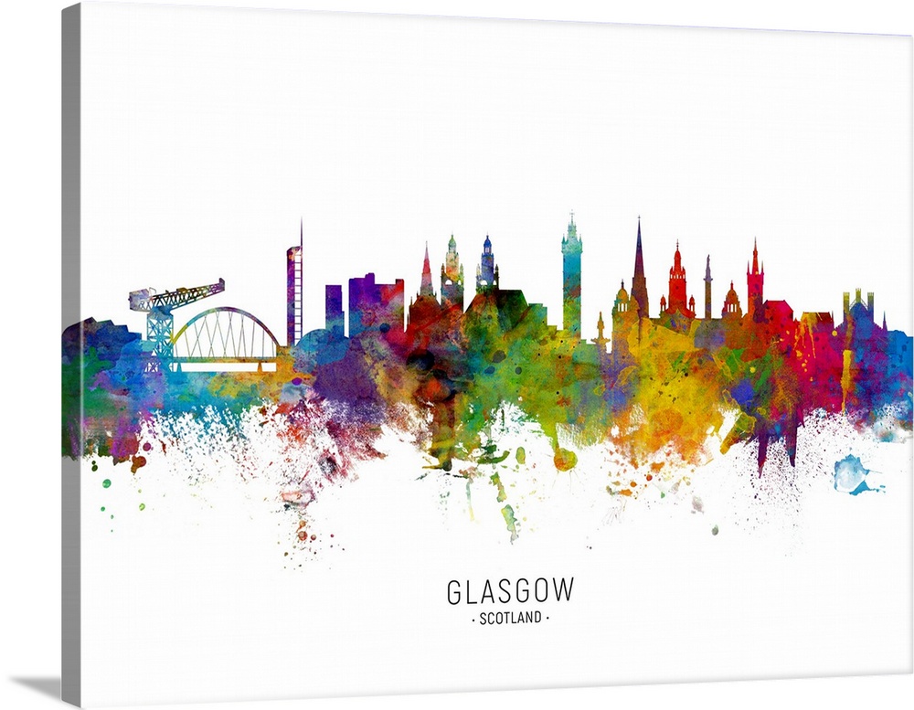 Watercolor art print of the skyline of Glasgow, Scotland, United Kingdom.