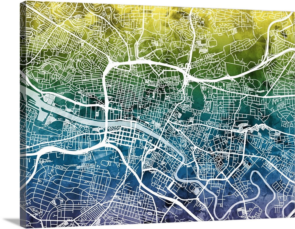 Contemporary watercolor city street map of Glasgow.