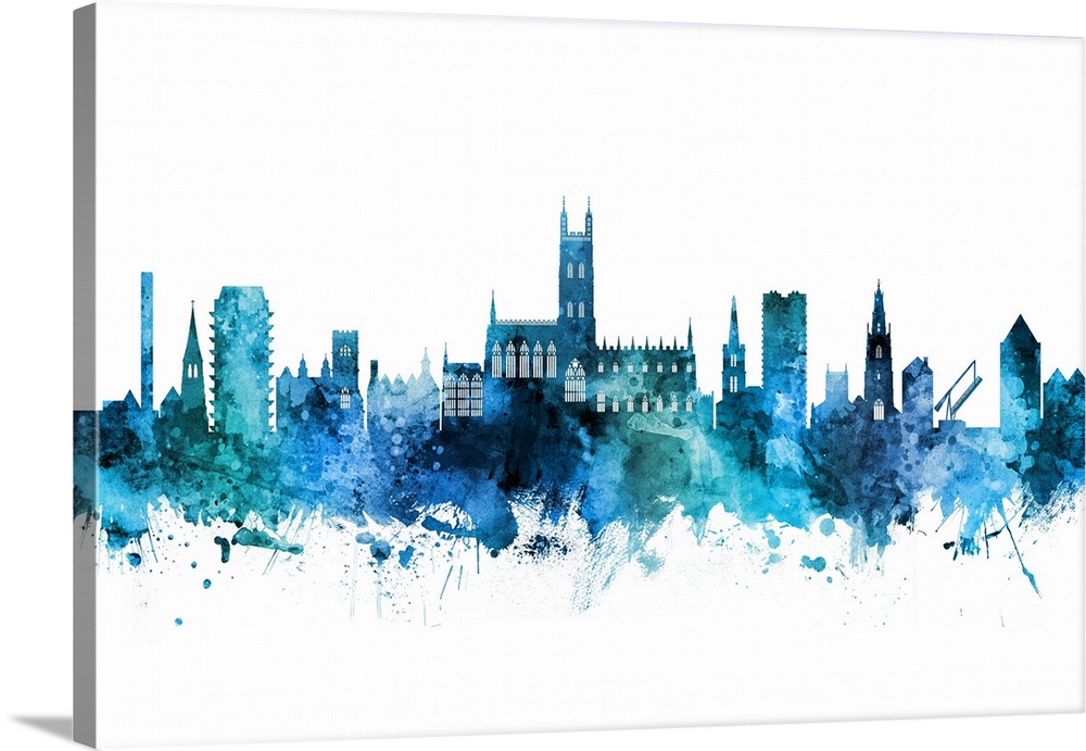 Watercolor art print of the skyline of Gloucester, England, United Kingdom.