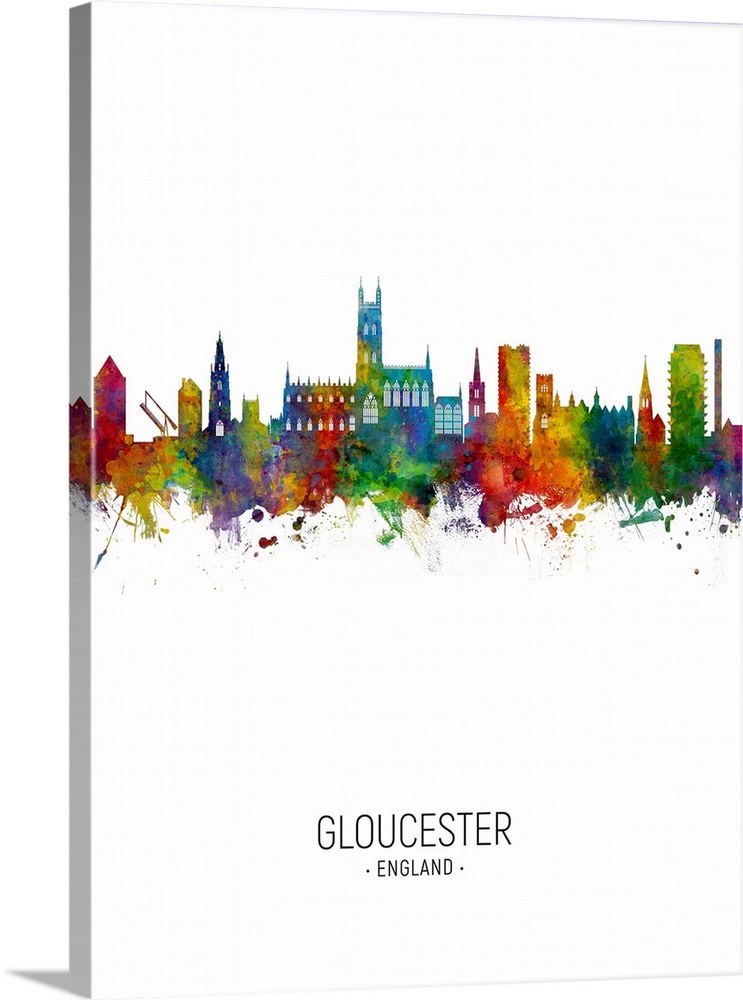 Watercolor art print of the skyline of Gloucester, England, United Kingdom