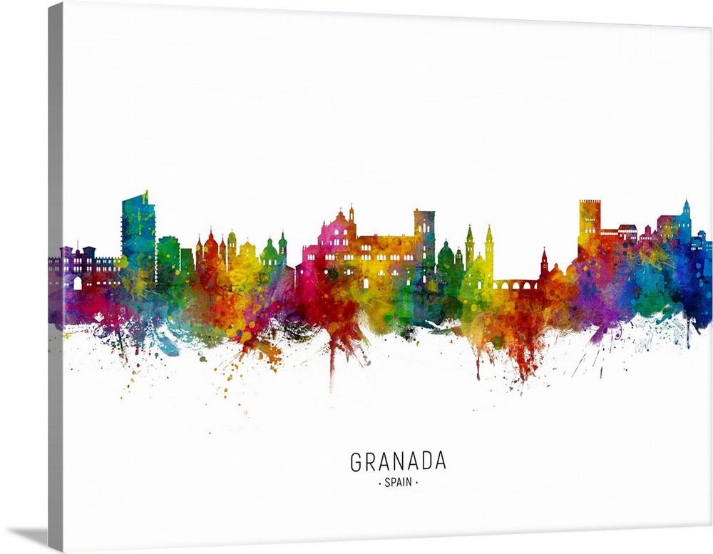 Watercolor art print of the skyline of Granada, Spain