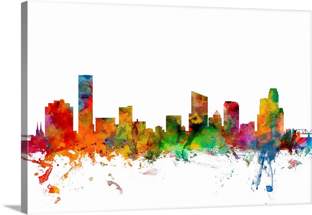 Watercolor artwork of the Grand Rapids skyline against a white background.