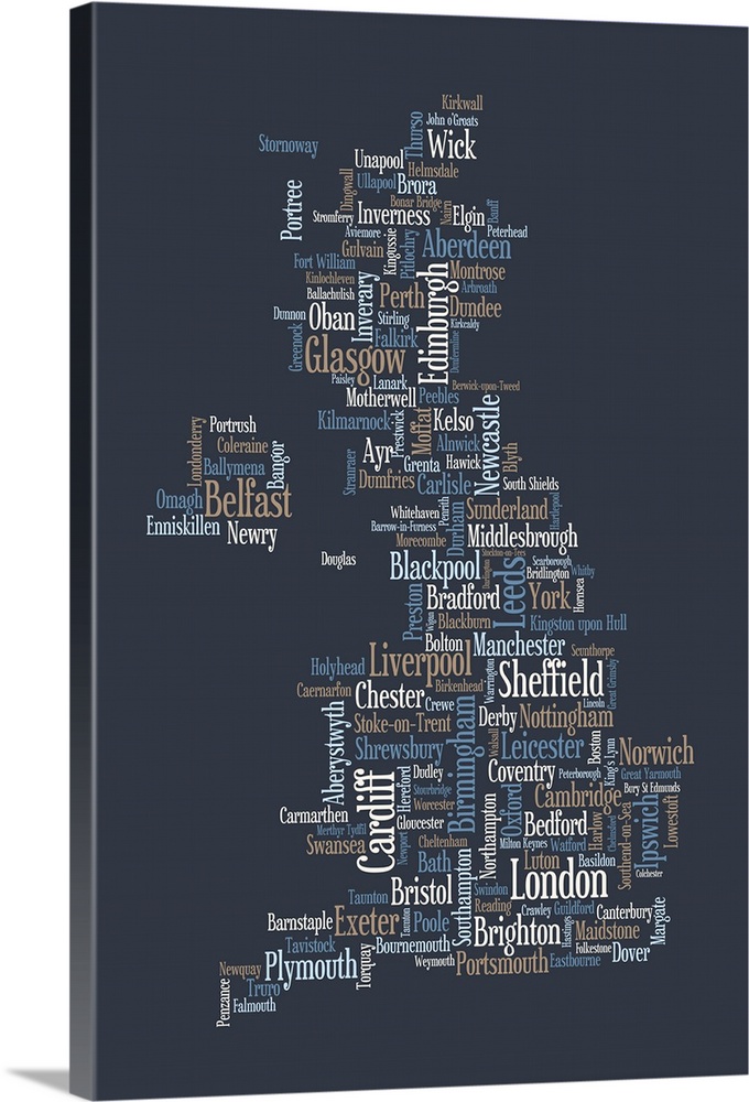 A typographic text map of Great Britain. Major cities within the United Kingdom are shown on the map, which is made entire...