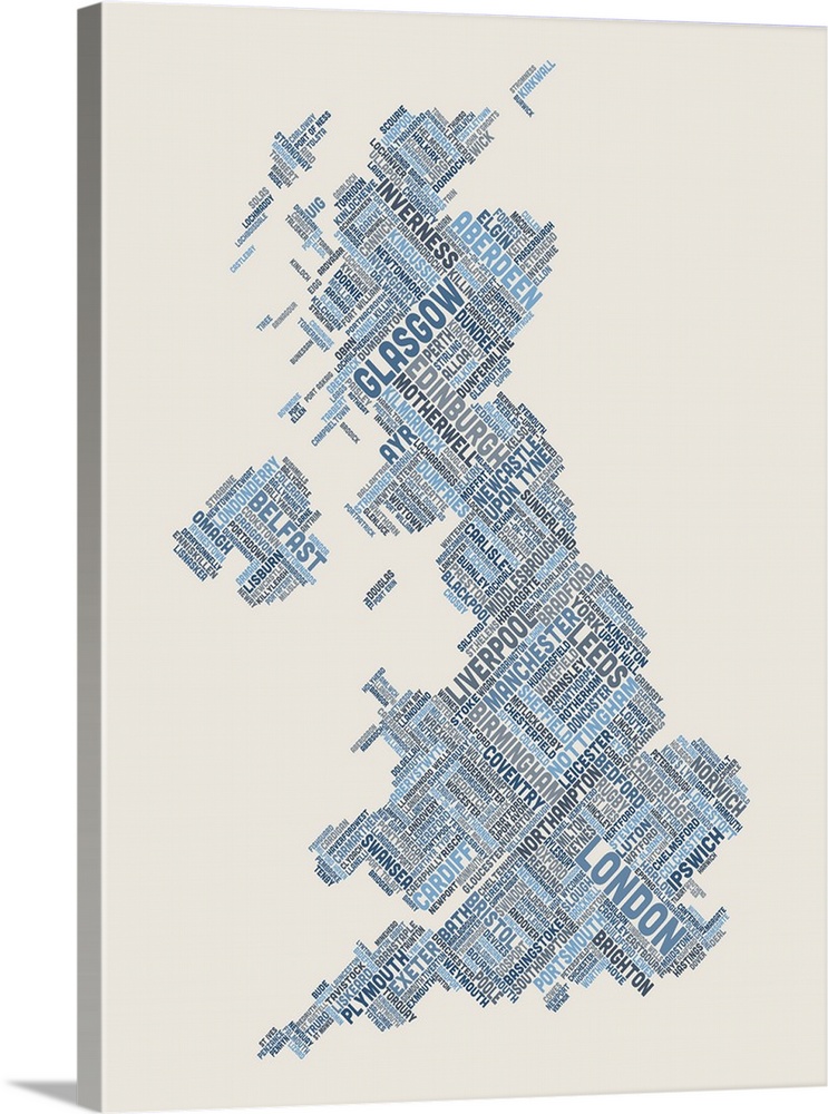 Contemporary piece of artwork of a map of Great Britain made up of the names of the city names.