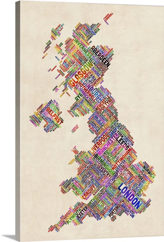 Great Britain UK City Text Map, Diagonal Text, Colorful | Great Big Canvas