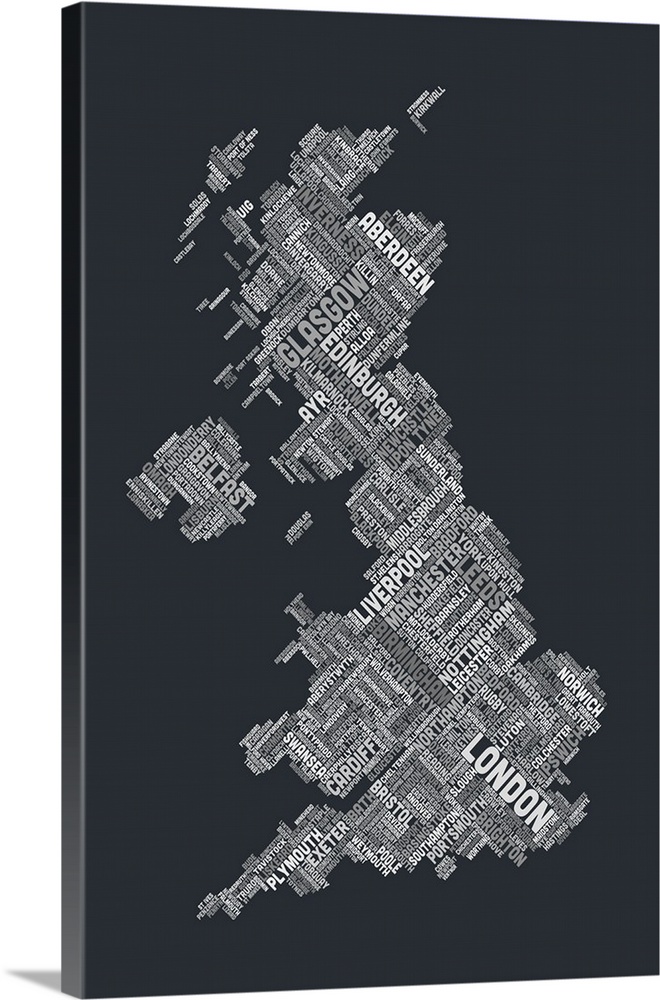 Great Britain UK City Text Map, Diagonal Text, Grayscale