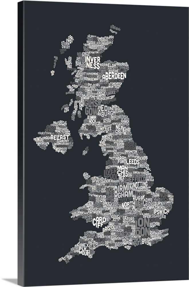 Great Britain UK City Text Map, Grayscale