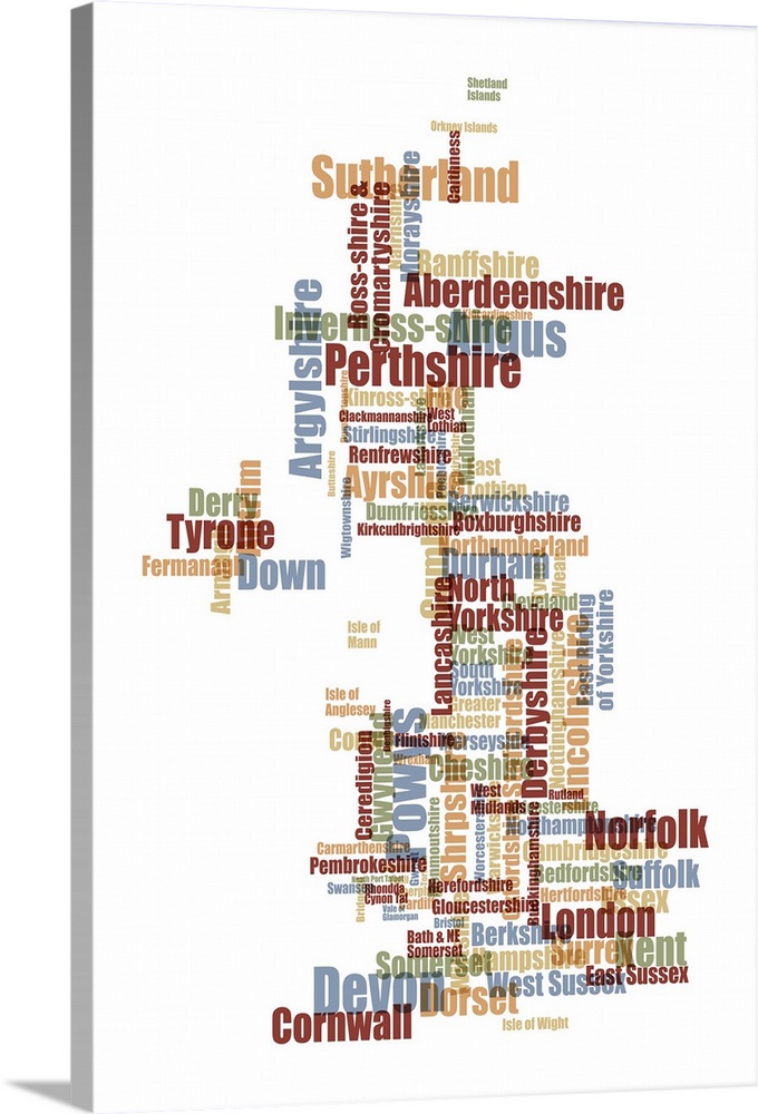 A typographic text map of Great Britain. Counties within the United Kingdom are shown on the map, which is made entirely f...