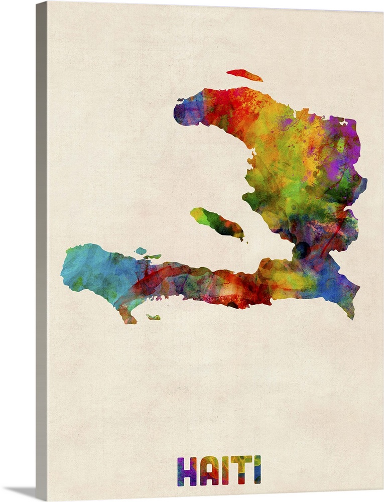 Colorful watercolor art map of Haiti against a distressed background.