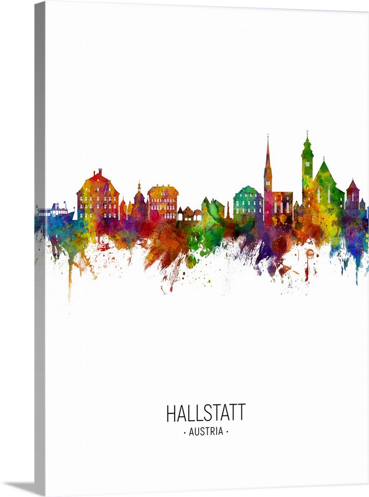 Watercolor art print of the skyline of Hallstatt, Austria