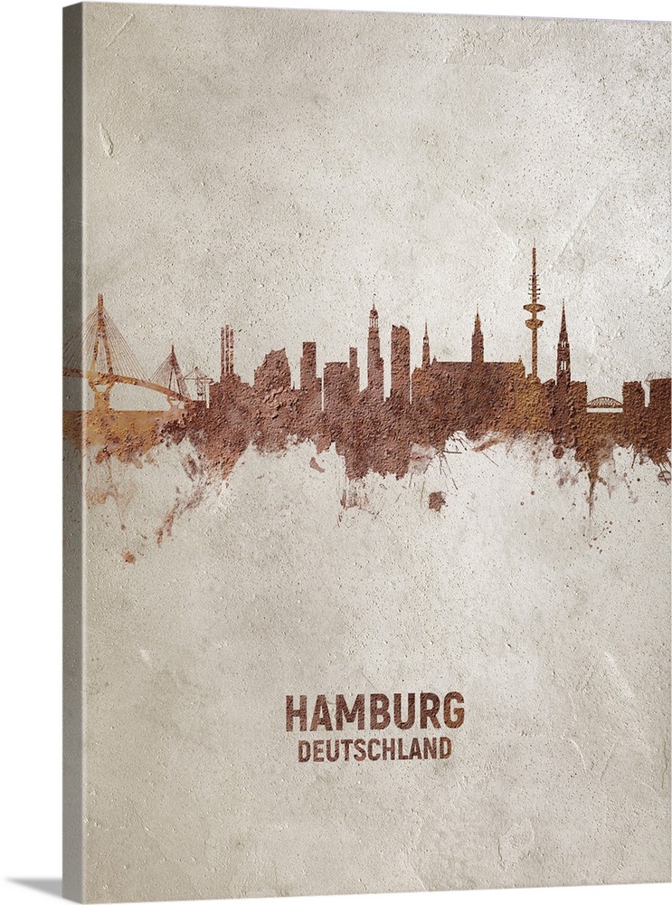 Art print of the skyline of Hamburg, Germany. Rust on concrete.