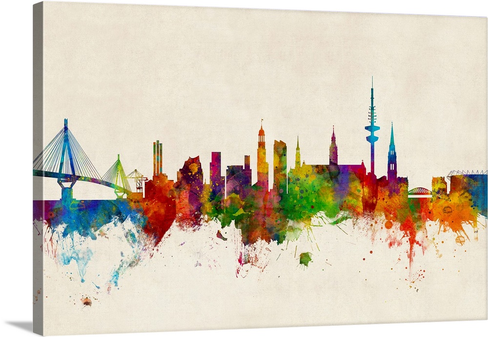 Watercolor art print of the skyline of Hamburg, Germany