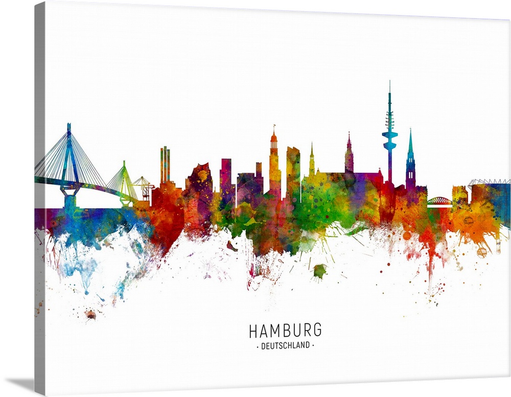 Watercolor art print of the skyline of Hamburg, Germany.