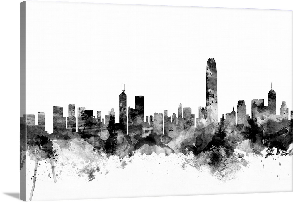 Contemporary artwork of the Hong Kong city skyline in black watercolor paint splashes.