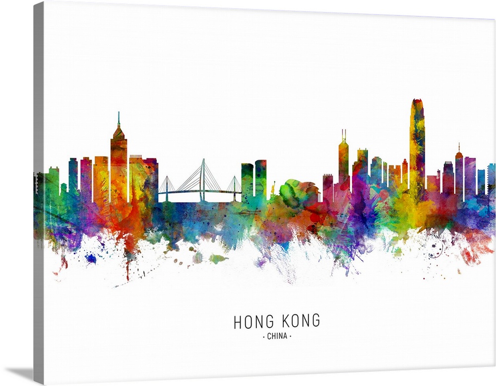Watercolor art print of the skyline of Hong Kong, China.