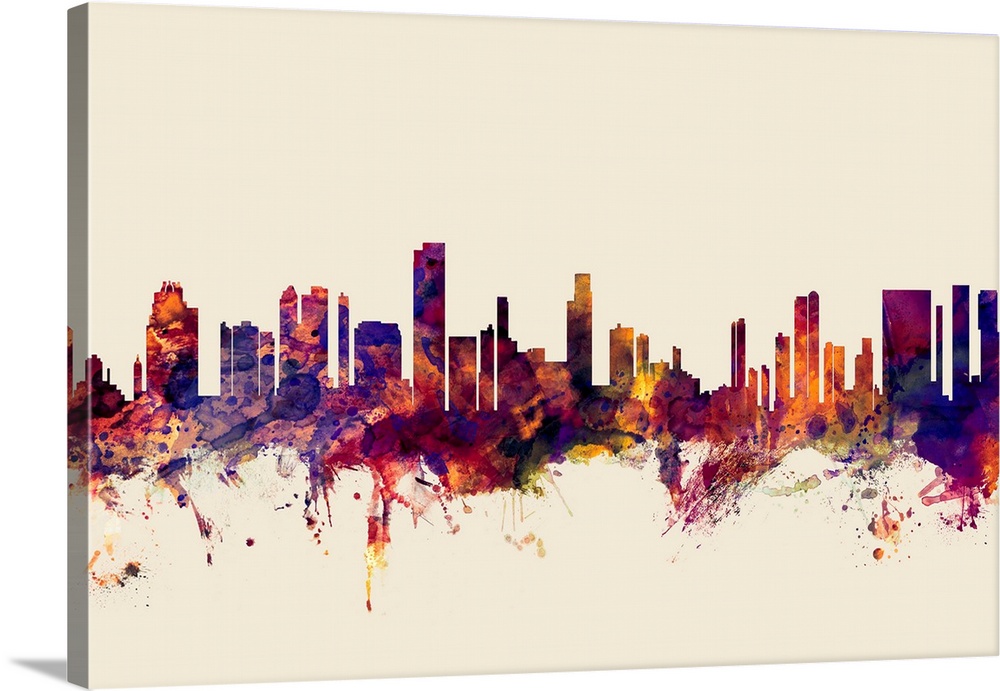 Contemporary artwork of the Honolulu city skyline in watercolor paint splashes.