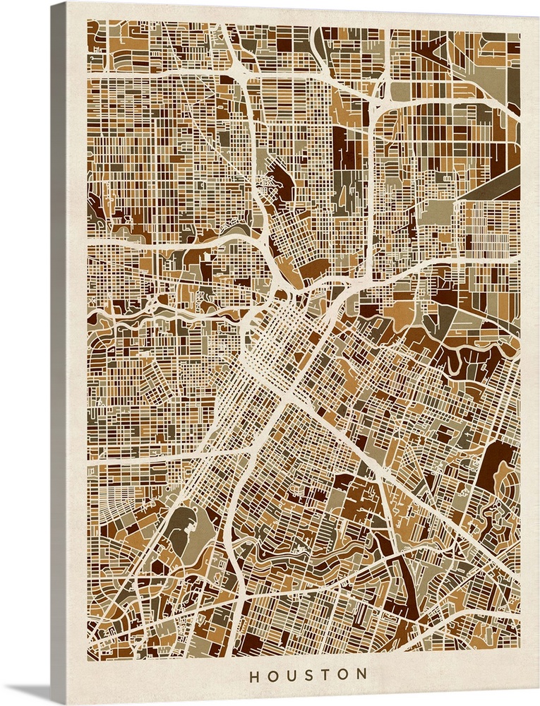 Brown toned city street map artwork of Houston.