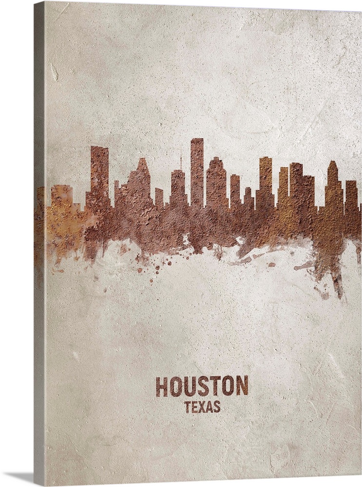 Art print of the skyline of Houston, Texas, United States. Rust on concrete.