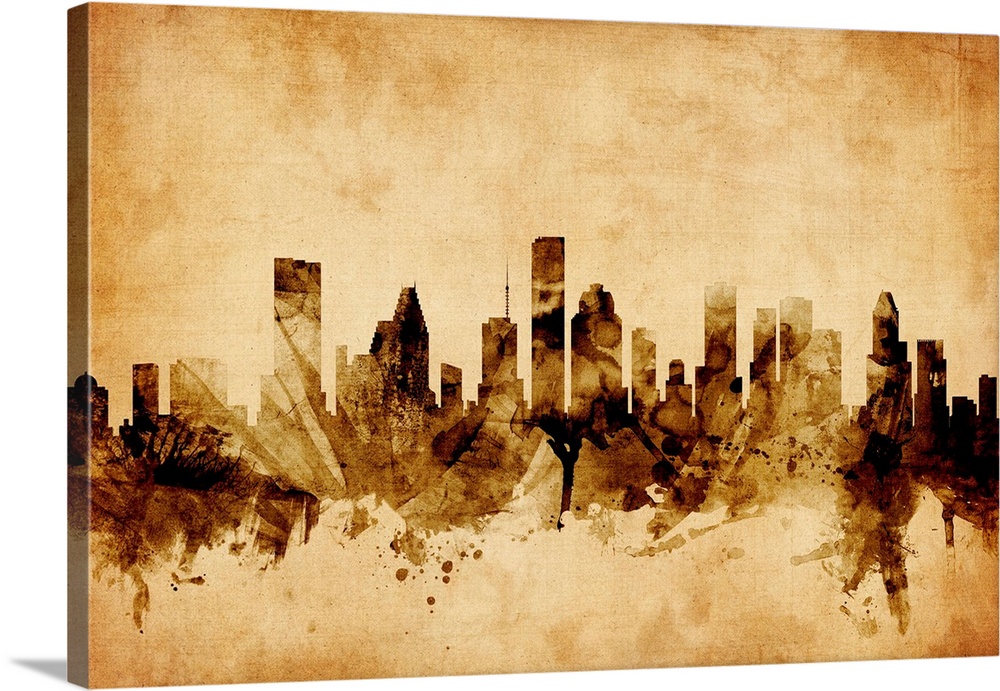 Contemporary artwork of the Houston city skyline in a vintage distressed look.