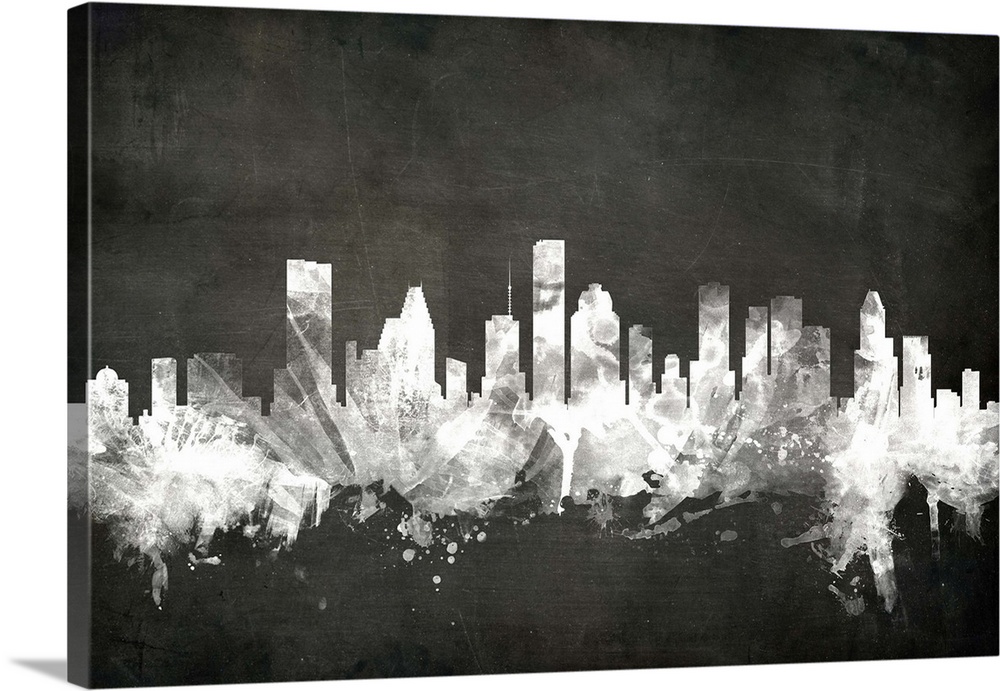 Smokey dark watercolor silhouette of the Houston city skyline against chalkboard background.