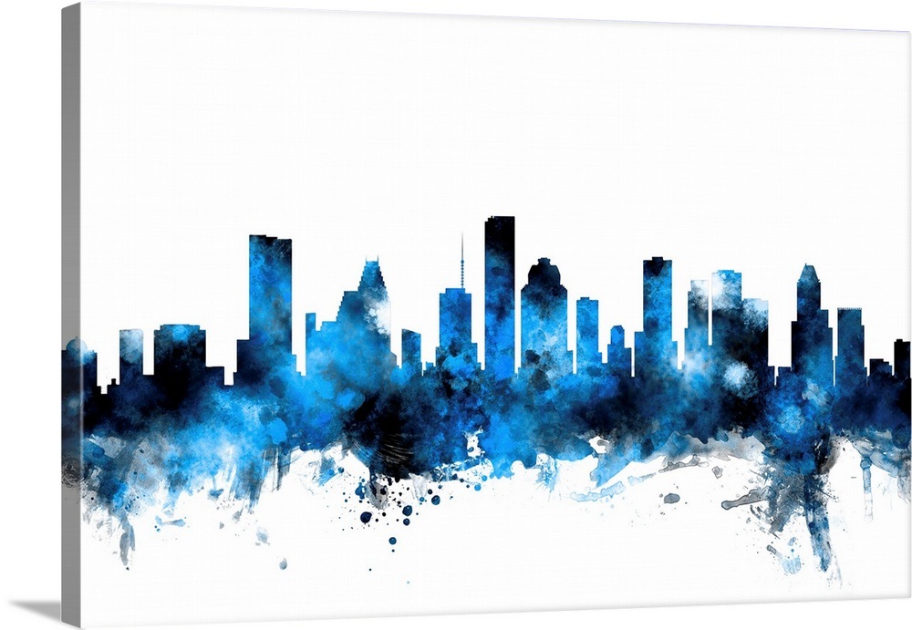 Houston Texas Skyline, Blue on White Wall Art, Canvas Prints, Framed