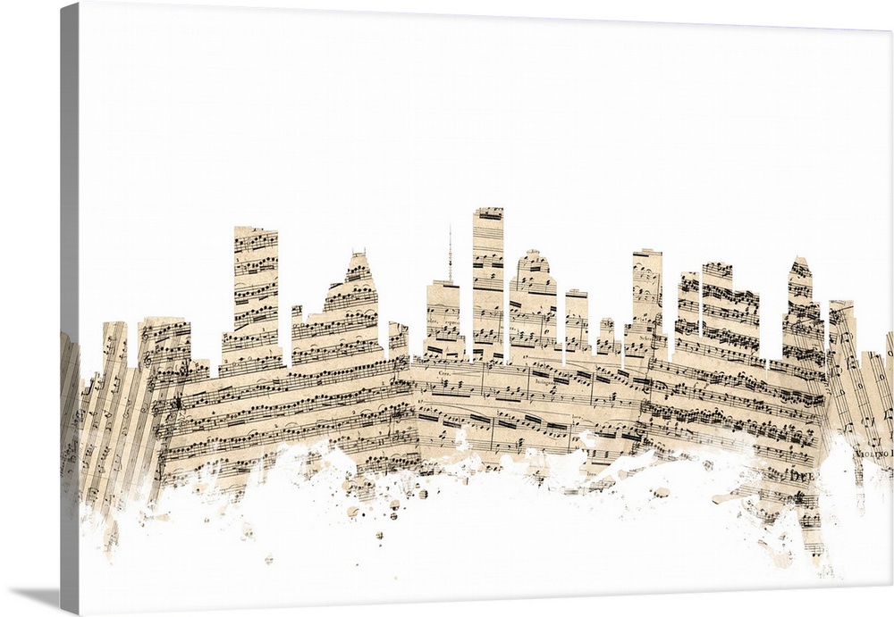 Houston skyline made of sheet music against a white background.