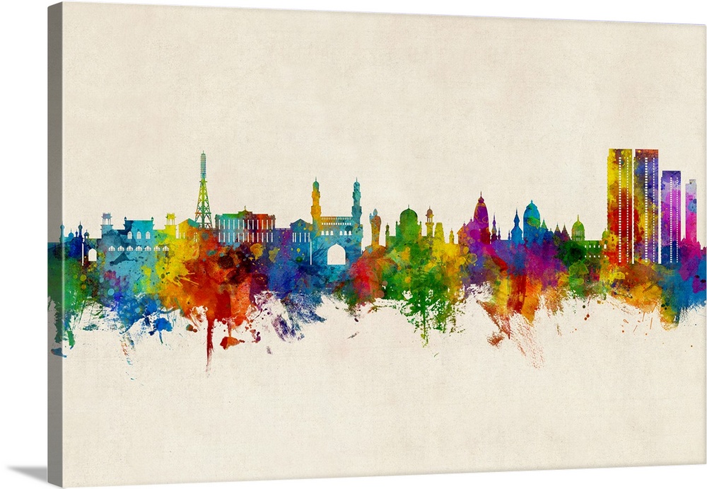 Watercolor art print of the skyline of Hyderabad, India