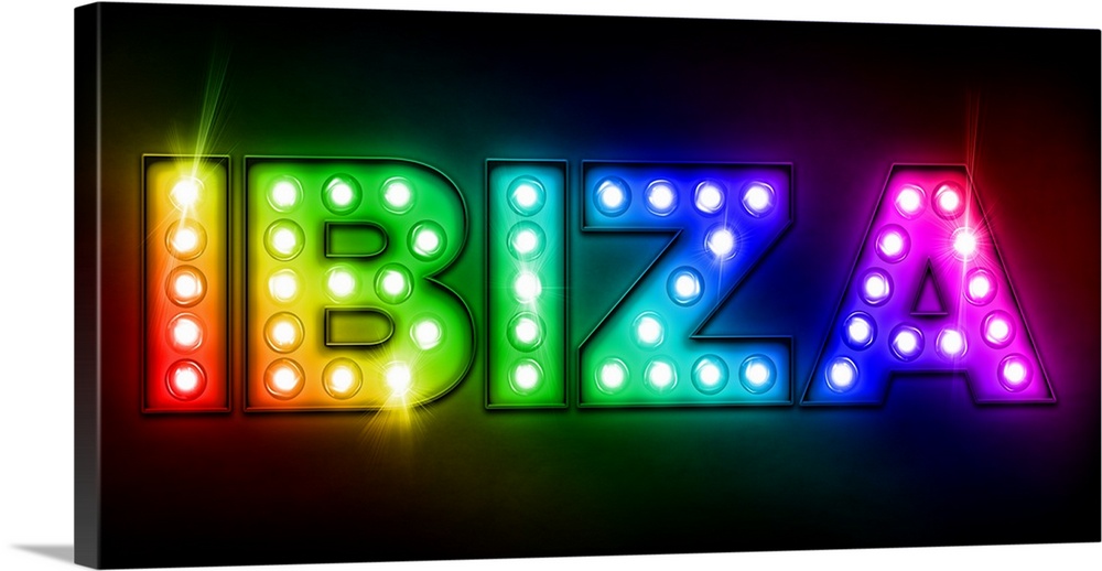 Ibiza billboard sign, with Ibiza written in the style of the old fashioned light bulb billboards, made popular on Broadway...
