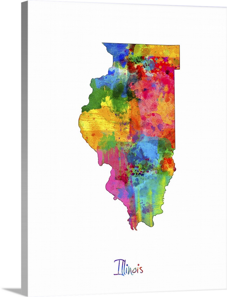 Contemporary artwork of a map of Illinois made of colorful paint splashes.