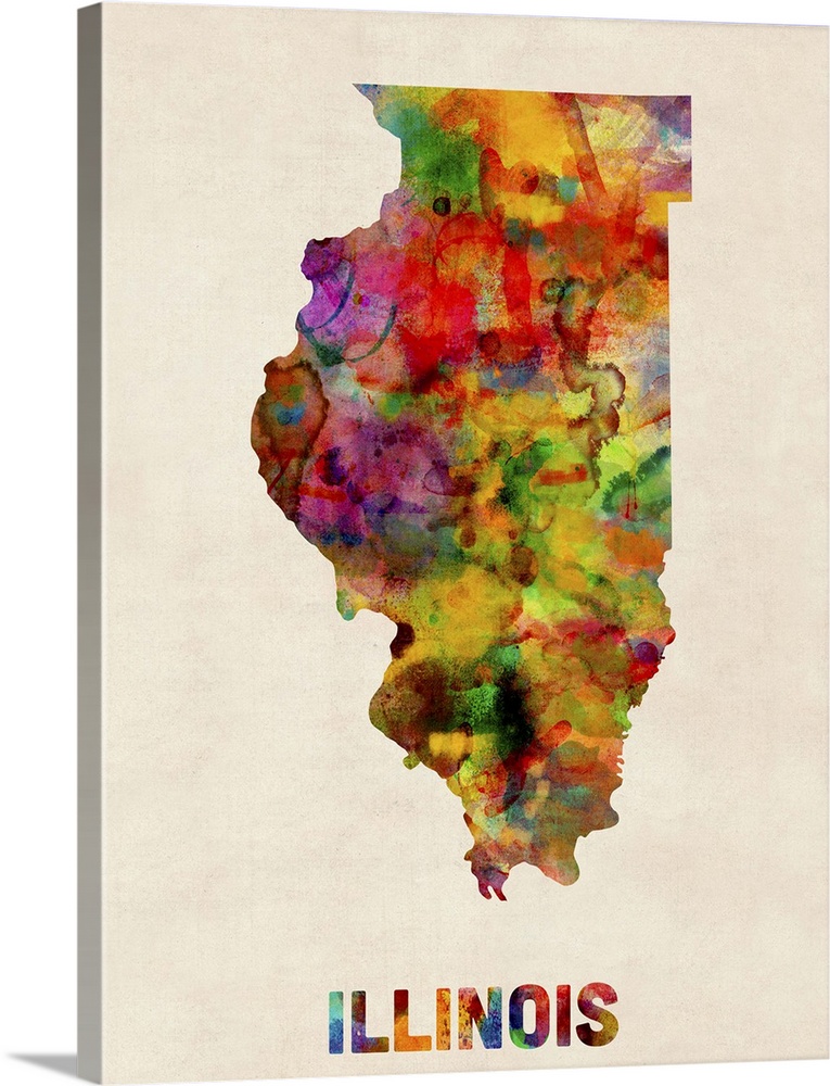 Contemporary piece of artwork of a map of Illinois made up of watercolor splashes.