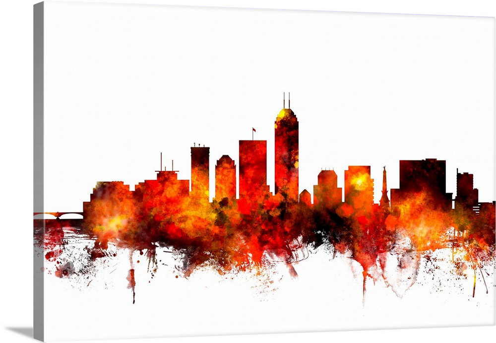 Contemporary piece of artwork of the Indianapolis skyline made of colorful paint splashes.