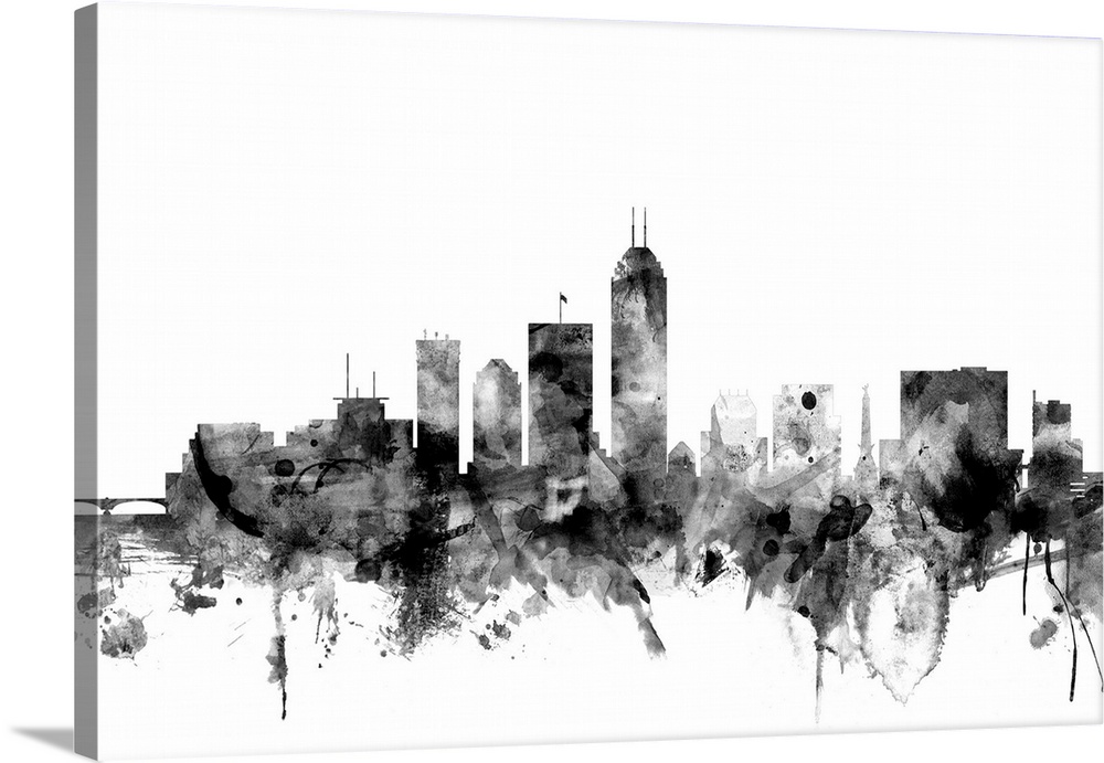 Contemporary artwork of the Indianapolis city skyline in black watercolor paint splashes.