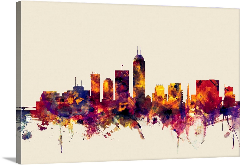 Contemporary artwork of the Indianapolis city skyline in watercolor paint splashes.