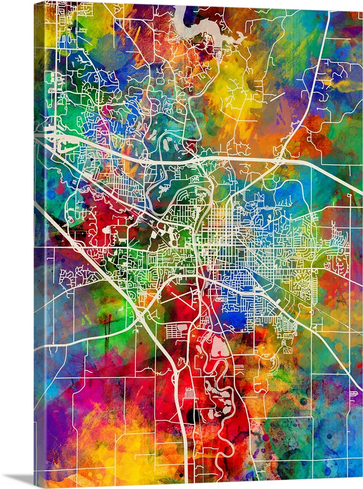 Watercolor street map of Iowa City, Iowa, United States.