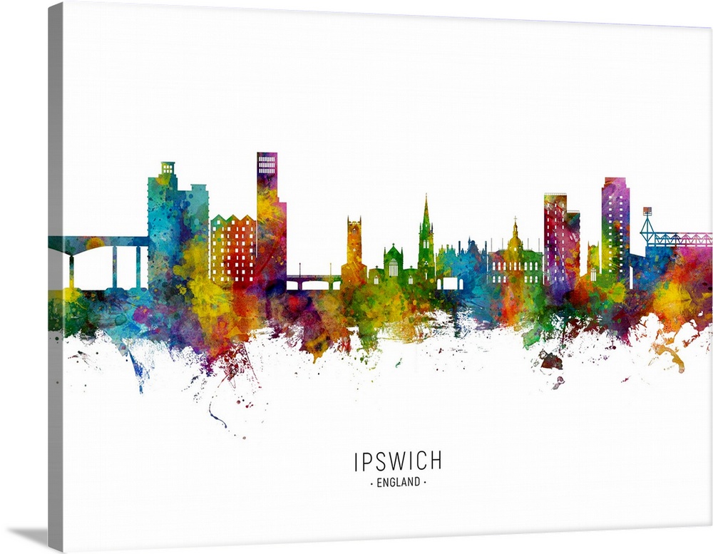 Watercolor art print of the skyline of Ipswich, England, United Kingdom