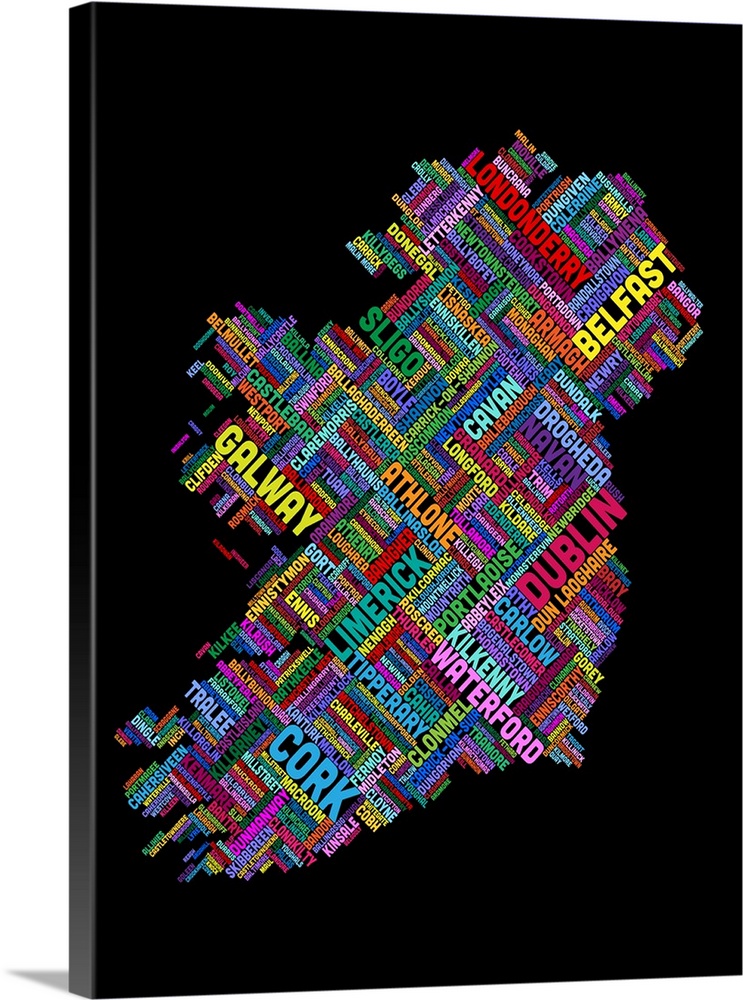 Contemporary piece of artwork of a map of Ireland made up of the names of text.