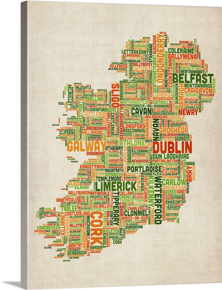 Irish Cities Text Map, Irish Colors on Parchment